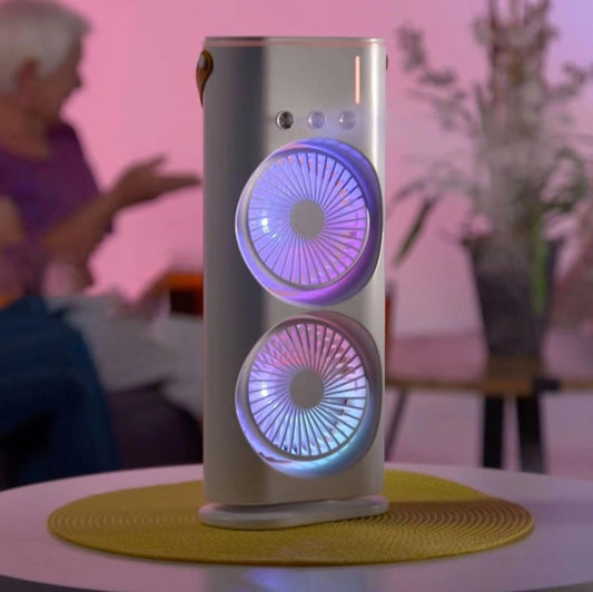 Dual Blade LED Cooling Fan ❄️ | Portable Rechargeable Air Cooler with Remote Control & Colorful Lights ✨