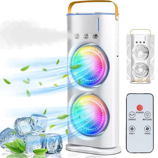 Dual Blade LED Cooling Fan ❄️ | Portable Rechargeable Air Cooler with Remote Control & Colorful Lights ✨