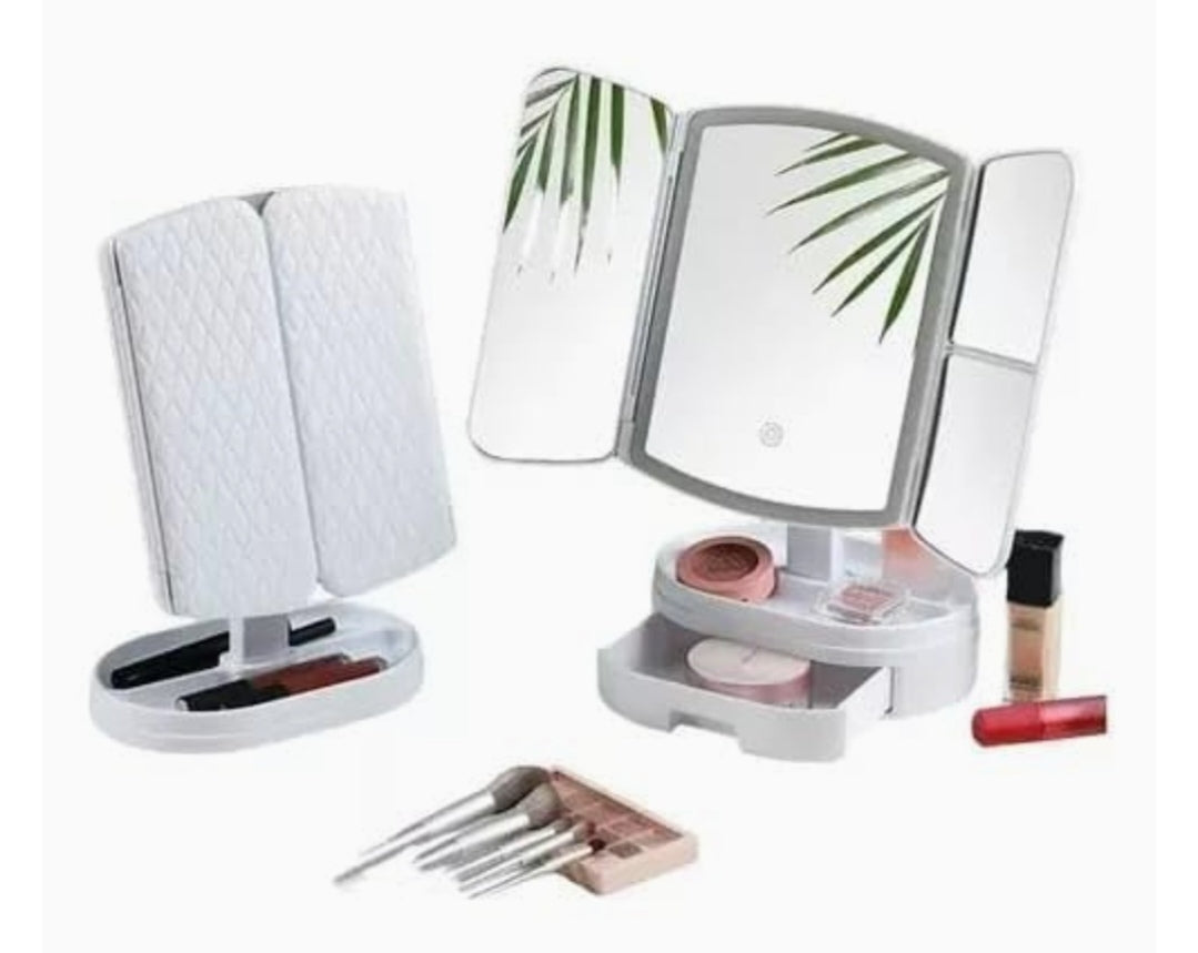 🪞LED Makeup Mirror with 3 Panels & Magnification – Touch Control Vanity Mirror