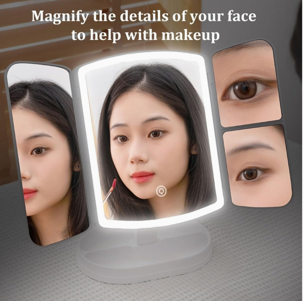 🪞LED Makeup Mirror with 3 Panels & Magnification – Touch Control Vanity Mirror