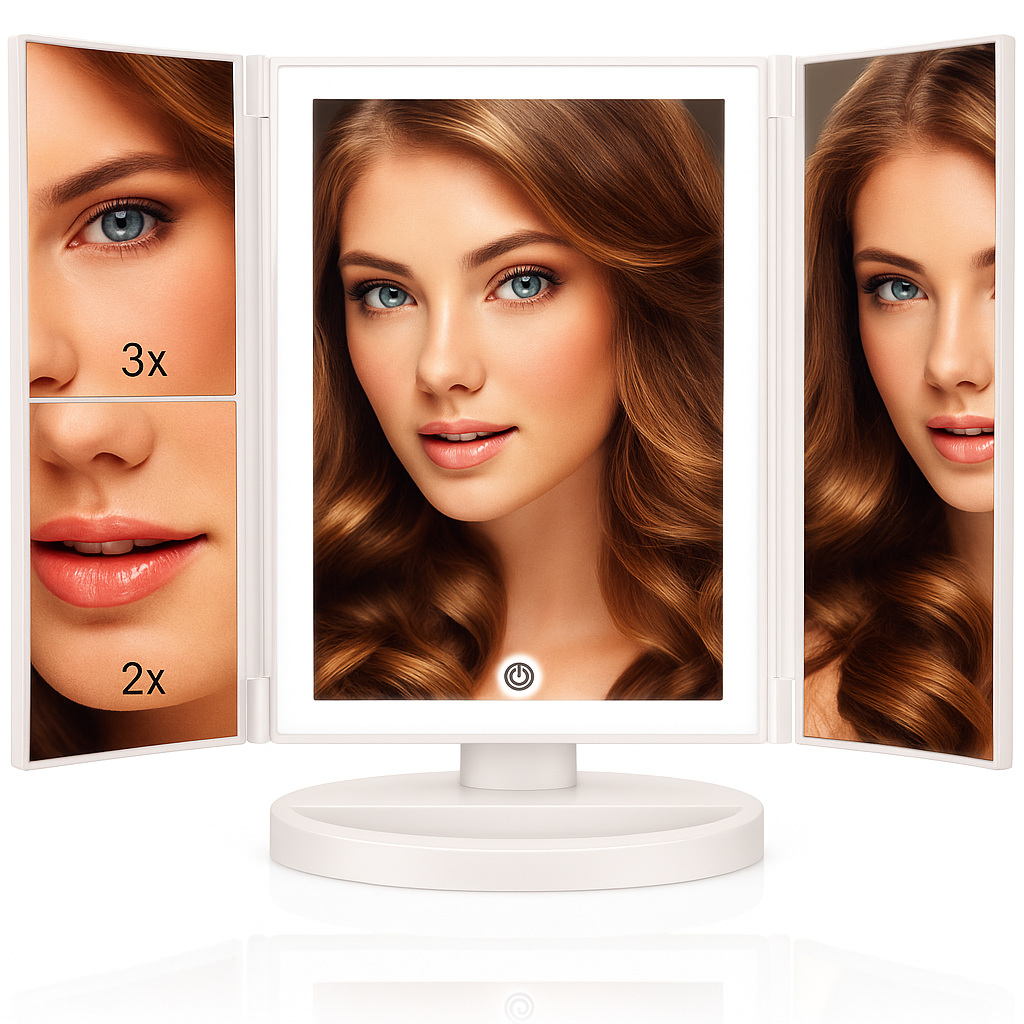 🪞LED Makeup Mirror with 3 Panels & Magnification – Touch Control Vanity Mirror
