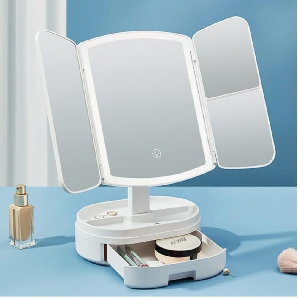 🪞LED Makeup Mirror with 3 Panels & Magnification – Touch Control Vanity Mirror